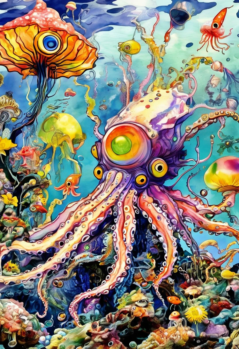 gonzobugs squid monster with hat, deep sea fishing, vehicle, Agate Geode Dandelion Clown Core, A war-torn wonderland, fauvism , Caspar David Friedrich , Takashi Murakami , Diane Dillon , Album Cover Art, perfect, Smooth, Pixif, CG Society,