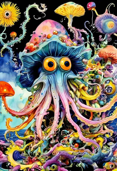 gonzobugs squid monster with hat, deep sea fishing, vehicle, agate geode dandelion clown core, a war-torn wonderland, fauvism , ...