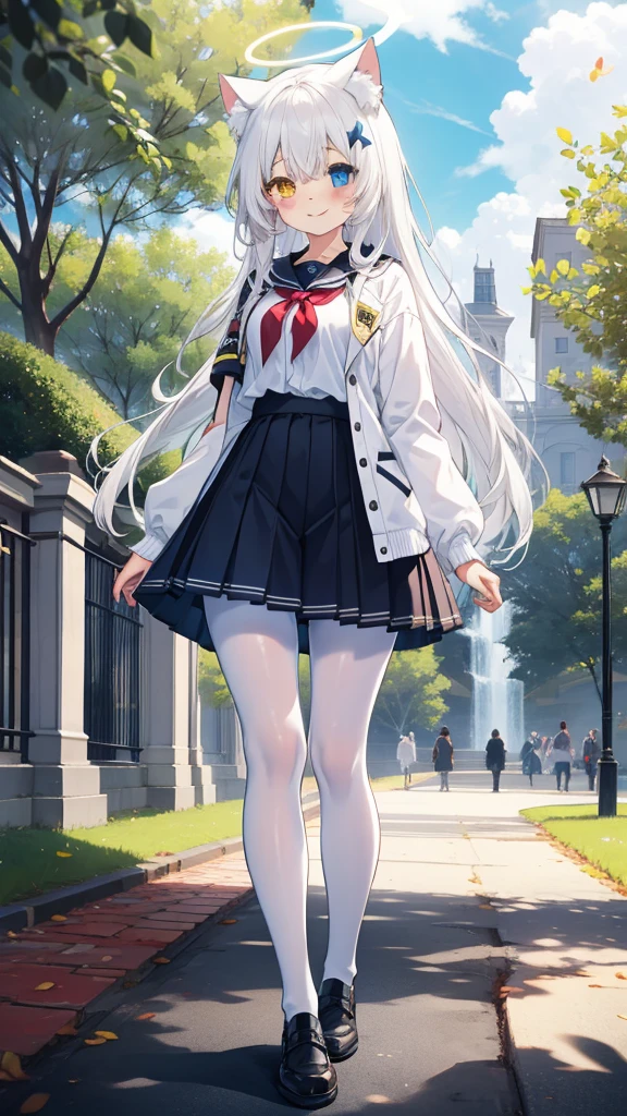 White hair，Long hair，Cat ear，Heterochromia（Blue on the left and yellow on the right），Campus clothing，White pantyhose，Loli body type，Smile，Halo，in the park