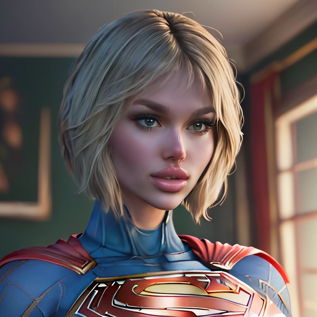 best quality, realistic, photorealistic, award-winning illustration, (intricate details: 1.2), (delicate detail), (intricate details), (cinematic light, Supergirl with extremely sexy short hair