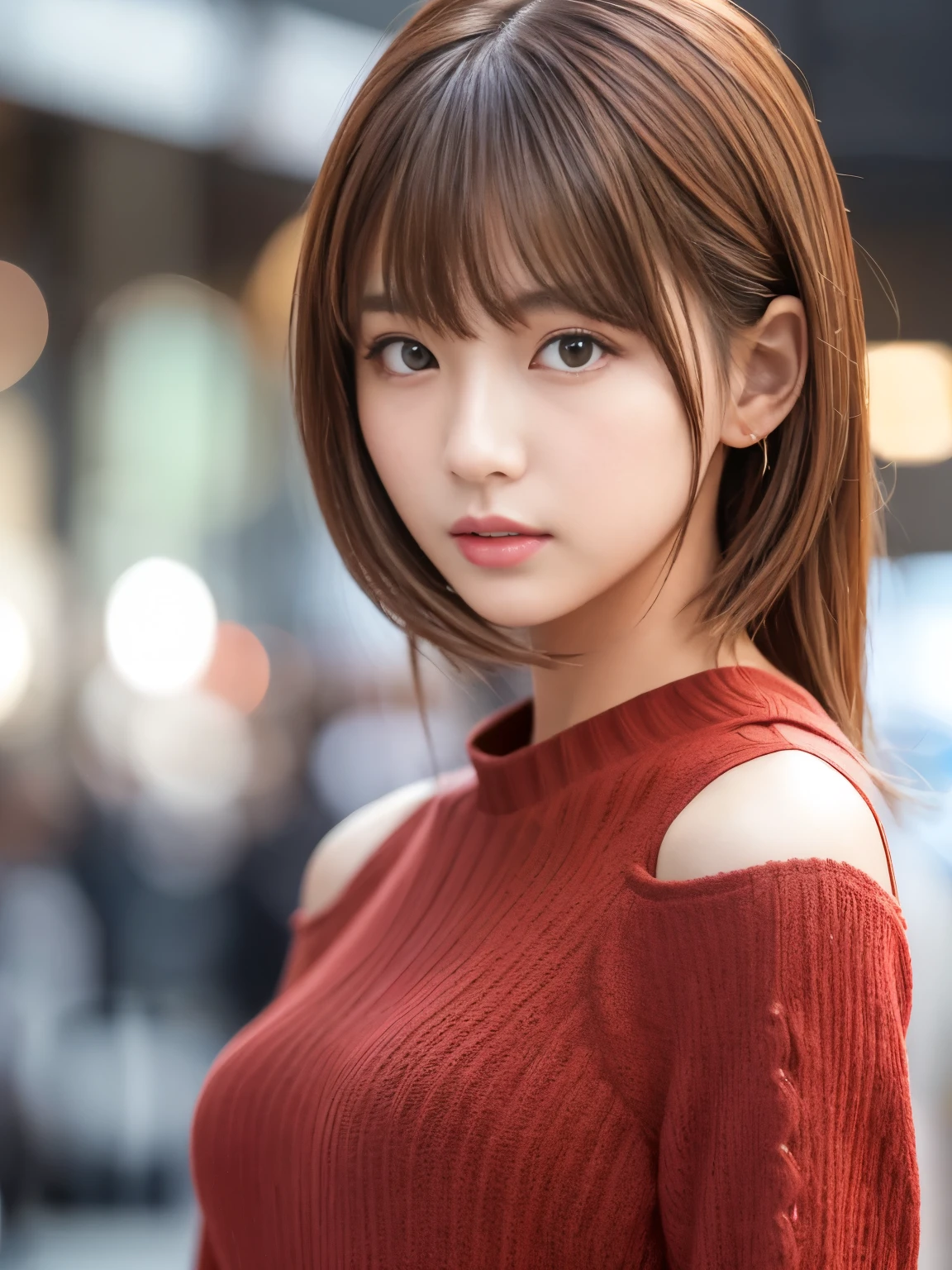 Ultra-high resolution, Superior Quality, Highest quality, Super detailed, Realistic, 8K, RAW Photos, Highest quality, masterpiece, Attractive girl, A wonderful girl, Brown Hair, Shoulder-length layered, Asymmetrical bangs, Medium build, K-Pop Idols, Sophisticated, stylish, Red Shirt,Shibuya Ward, 