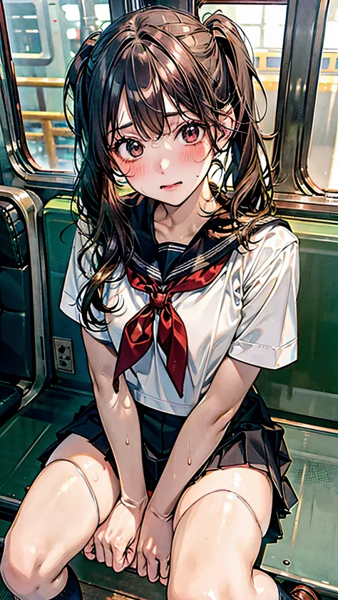 Panty drop,twin tail,POV,Shiny, sweaty thighs:1.5,open legs,Japanese , sitting on a train,Green sheet,reading a book,sailor unif...