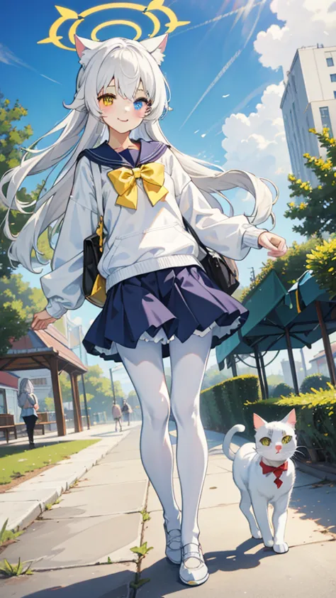 White hair，Long hair，Cat ear，Heterochromia（Blue on the left and yellow on the right），Campus clothing，White pantyhose，Loli body t...