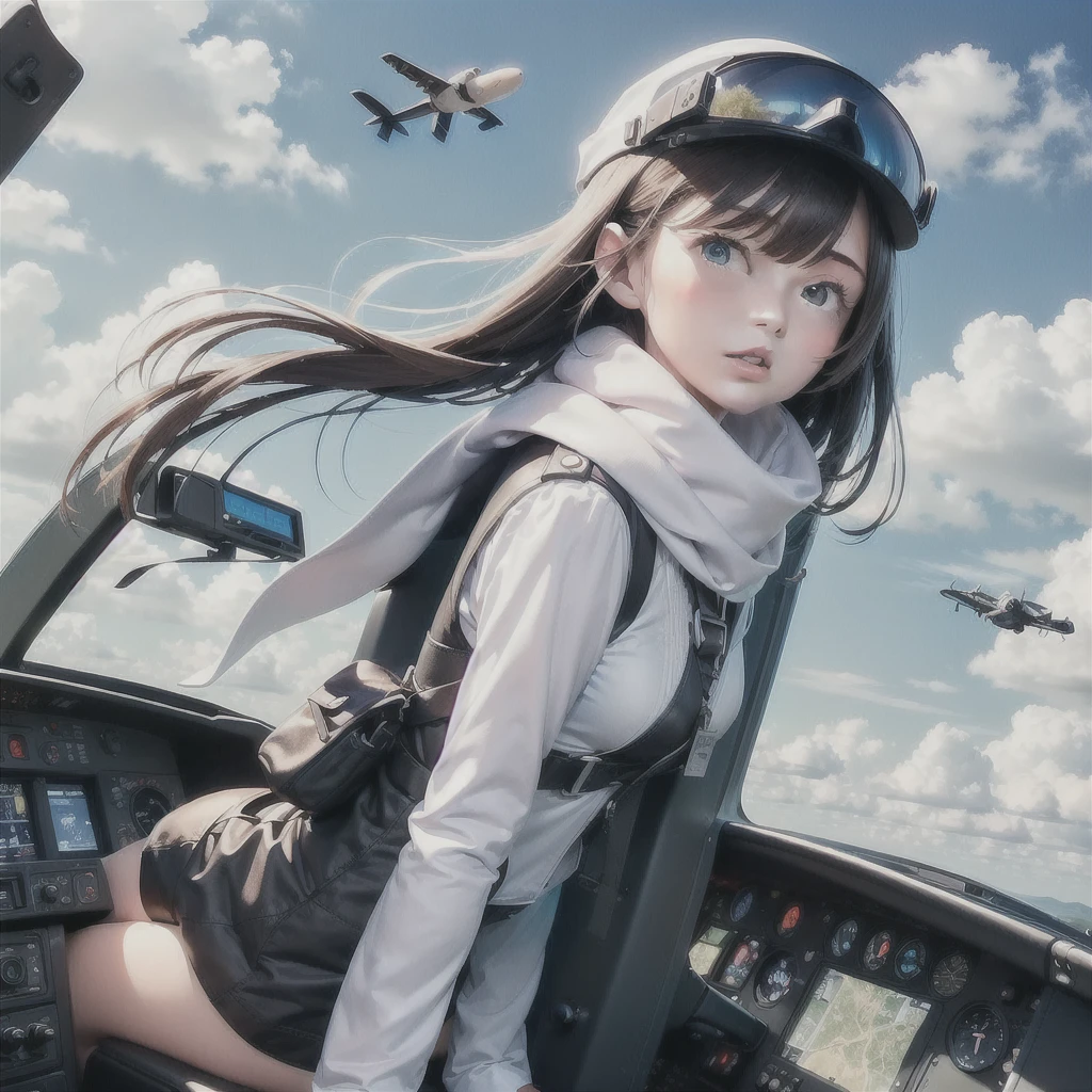 (((one japanese girl, pilot, prop plane, airplane, fighter aircraft, Fighter Pilot, Cockpit of a fighter, A6M Zero fighter plane, Messerschmitt fighter plane, wearing a flying cap, Flying cap with goggles, wearing a white silk scarf, the scarf fluttering in the wind, Looking out from the cockpit, outside the sky, clouds in the sky

