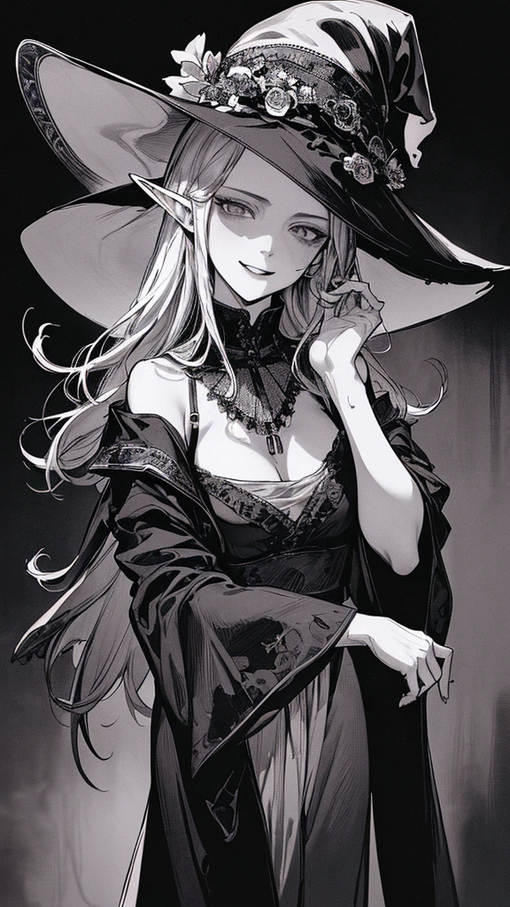 Highest quality, (Background details), High Contrast, so beautiful, Detailed original illustrations, Sensual, , witch, witch hat, Black Robe, Elf, Delicate face, charm, Naughty kid, sexy, Real breasts, Crazy Smile, Crazy Eyes, Black background, (Black background: 1. 5) Beautiful line art, Monochrome