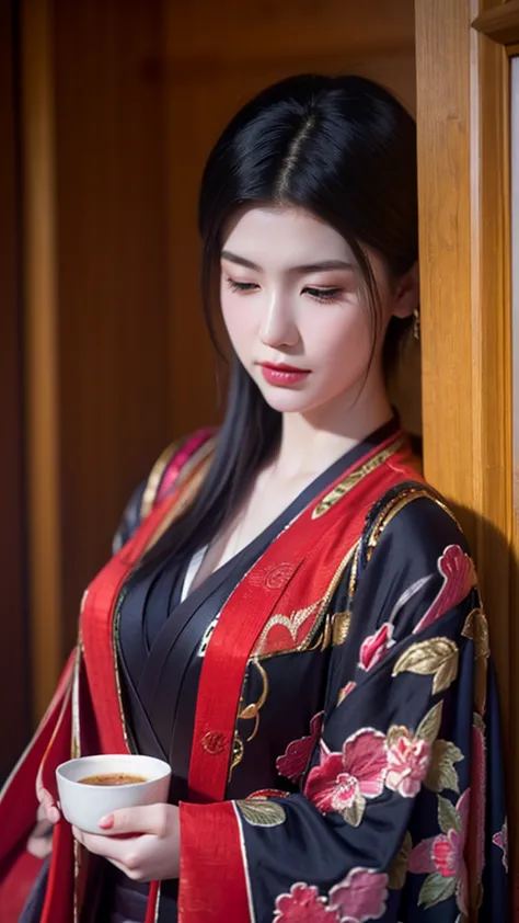 a beautiful 15-year-old japanese princess from the sengoku period with long black hair　gorgeous embroidery, ultra glossy, she is...