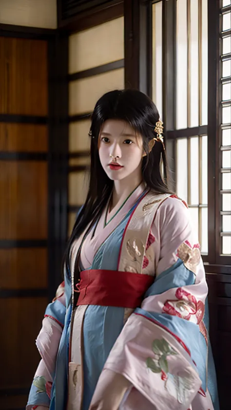 a beautiful 15-year-old japanese princess from the sengoku period with long black hair　gorgeous embroidery, ultra glossy, she is...