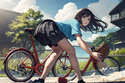 (masterpiece:1.2),best quality,pixif,
bluth,bike,1 girl,ground vehicles,1 boy,outdoor,bike basket,sky空,cloud,shirt,skirt,multipl...