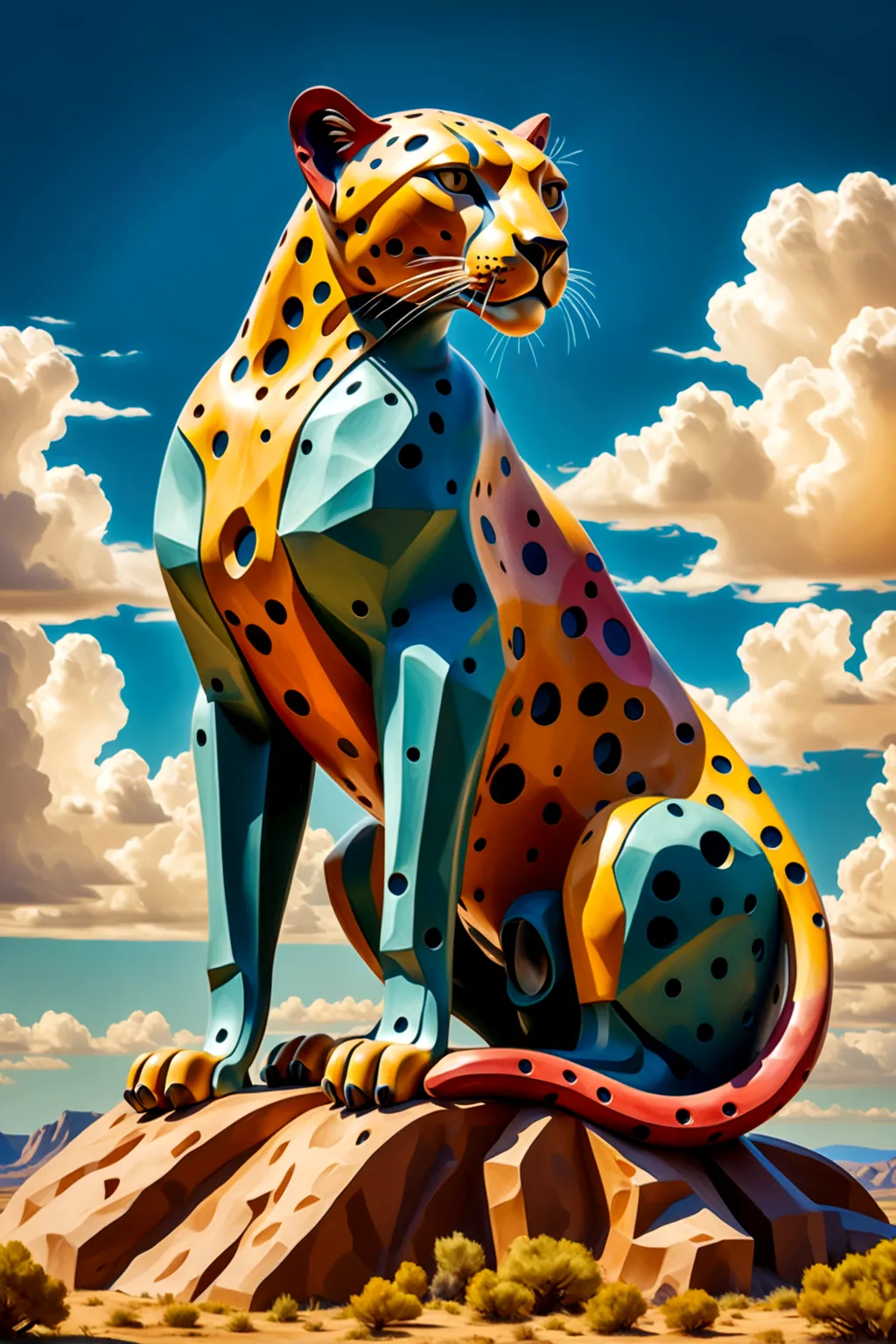 mechanized cheetah in art style of style of Alexander Archipenko, Painting, Split Toning, Electric Colors, Kodachrome, 2D, 4k, H...