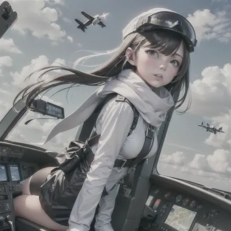 (((one japanese girl, pilot, prop plane, airplane, fighter aircraft, Fighter Pilot, Cockpit of a fighter, A6M Zero fighter plane...