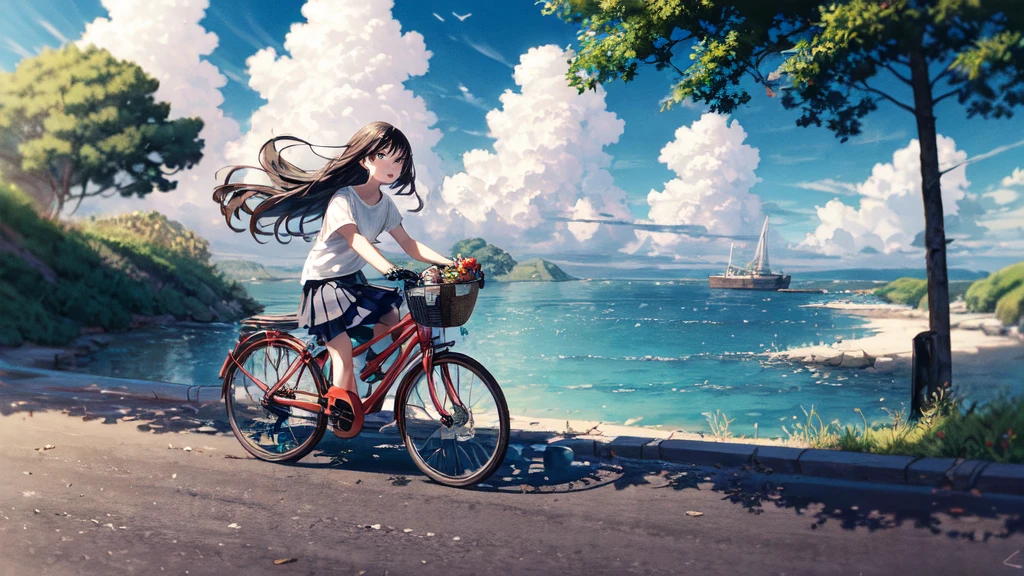 best quality,,bike,1 Girl,outdoor,bike basket,sky空,cloud,shirt,skirt,,ocean,white shirt,sky,horizon,Black Hair,Depth of Field,wind景,Vague,Long hair,,blue sky空,Short sleeve,riding,shoe,dappled Sunlight,sock,HILL,Sunlight,Flowing hair,pleated skirt,Tree,六翼sky使,Knee-length,water,short hair,road,basket,In the shade,夏sky,Grass,wind,plant,sit,女式shirt,Pants, 