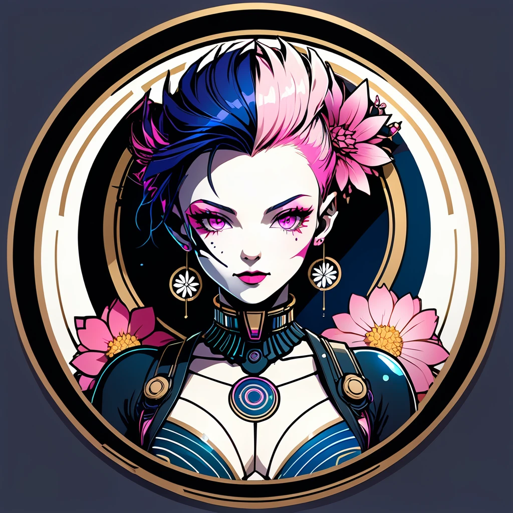 round frame, round circle, circular, create a Japanese circular seal kamon (very colorful with contrast) in the size of the picture on a white background, an indigo-gold art deco circle with a floral art deco pattern in the middle the picture of a stunning beautiful cyborg girl (pink wild mohawk hair) with a beautifully designed cyber-thick-fabric suit in black-pink with glowing lines. she is posing in front of plain graphic futuristic background inside the round frame. geometric flowers