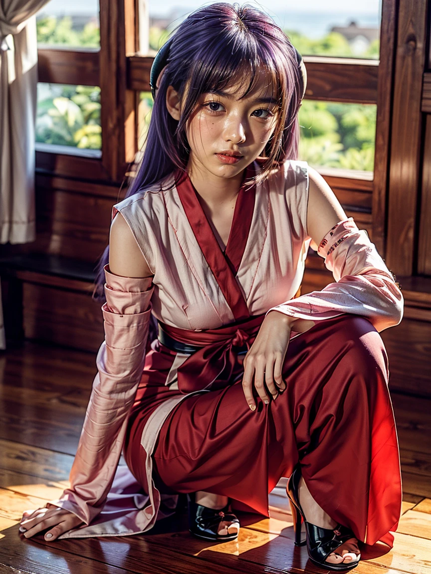 (1 girl), (Best quality at best:1.4), (ultra - detailed), (extremely detailed CG unified 16k), A Beautiful Girl: 1.4, Sharp Focus: 1.2, very detailed, High-definition RAW color photo, professional photoshooting, amazing face and eyes, (amazingly beautiful girl), ((Hanyuu, 11 years old girl)), ((japanese clothes, miko, detached sleeves, hakama, hakama skirt, skirt, red hakama, ribbon-trimmed sleeves)), standing, (Dark and stylish inside temple), (look from down), realistic cinematic face, head to feet long wide zoomed out view, full body long view, photorealistic, ((realistic natural purple hair style, horns, long hair, purple eyes, blush)), extremely beautiful face, perfect beauty, pout mouth, Highly Detailed Face and Skin Texture, Detailed Eyes, Double Eyelids, Small Breasts, cleavages, western, (masterpiece), best quality, high resolution, extremely detailed, blurred background, depth of field, cinematic lighting, amazing legs, high heels, clear and well-cared skin, drinking grape juice