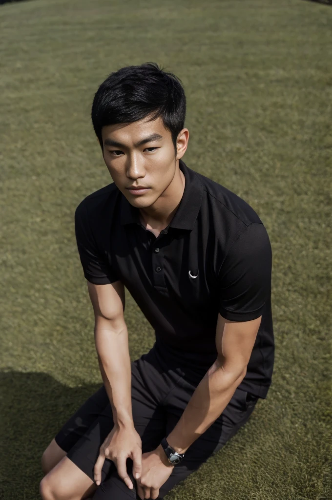 junger asiatischer Mann in einem schwarzen Poloshirt, der auf dem Gras sitzt und einen ernsten Ausdruck hat, Blick in die Ferne Drehen Sie Ihren Kopf leicht.，Tageszeit