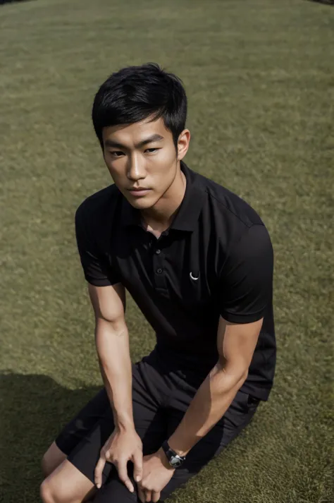 young asian man in a black polo shirt sitting on the grass with a serious expression, looking into the distance turn your head s...