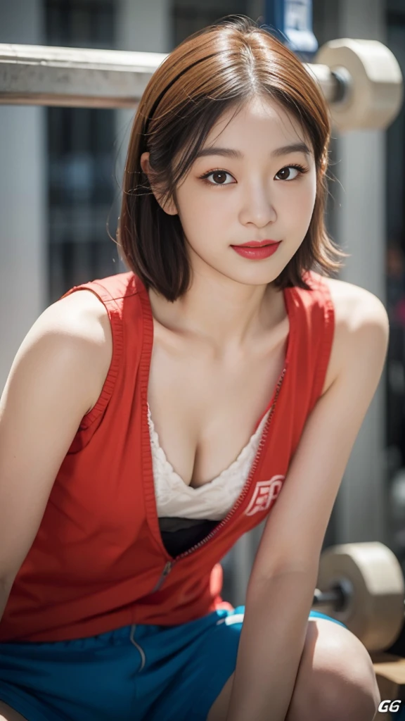 Highly detailed CG unity 8k wallpaper, of the highest quality, Super detailed, masutepiece, Realistic, photographrealistic, extremely detailed cute girl, 25yo, cleavage , (perspired) ,  Round eyes, peeping at the viewer,  Blush, Smile, parted lip, Semi-body shot , Realistic、track suit、Realistic reproduction with vests ,  Panties , Squat, sports gym, short  hair 