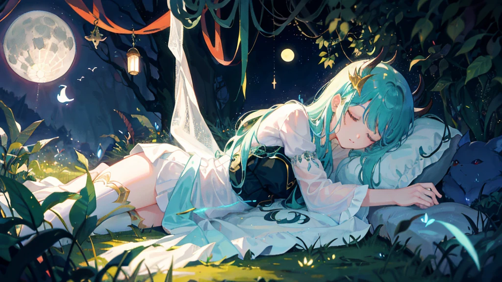 In a clearing hidden in the heart of the enchanted forest, a young demon girl rests peacefully under the silver glow of the moon. Its dark skin contrasts with its folded iridescent wings, which cover it like a protective blanket. Its delicately curved horns glow faintly, and a lock of jet-colored hair falls gracefully across its serene face. Around her, the vegetation seems to vibrate gently, as if nature itself was respecting her sleep. The atmosphere is full of mystery and magic, while the silence of the night is broken only by the whisper of the wind and the distant song of nocturnal creatures.