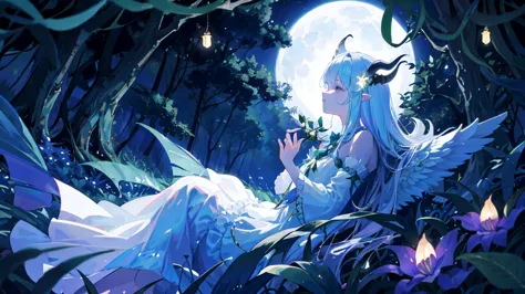 in a clearing hidden in the heart of the enchanted forest, a young demon girl rests peacefully under the silver glow of the moon...