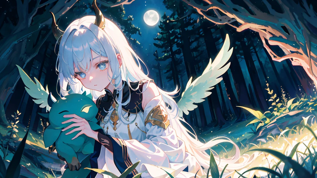 In a clearing hidden in the heart of the enchanted forest, a young demon girl rests peacefully under the silver glow of the moon. Its dark skin contrasts with its folded iridescent wings, which cover it like a protective blanket. Its delicately curved horns glow faintly, and a lock of jet-colored hair falls gracefully across its serene face. Around her, the vegetation seems to vibrate gently, as if nature itself was respecting her sleep. The atmosphere is full of mystery and magic, while the silence of the night is broken only by the whisper of the wind and the distant song of nocturnal creatures.