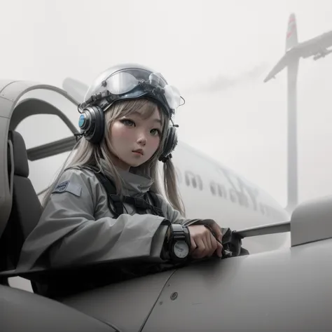 japanese girl in pilot helmet sitting in airplane, long hair, adding color