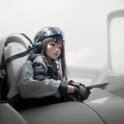 Japanese girl in pilot helmet sitting in airplane, Long Hair, Adding color