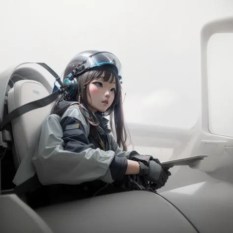 japanese girl in pilot helmet sitting in airplane, long hair, adding color