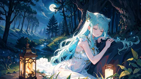 In a clearing hidden in the heart of the enchanted forest, a young demon girl rests peacefully under the silver glow of the moon...