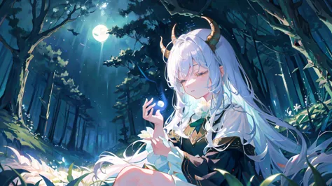 In a clearing hidden in the heart of the enchanted forest, a young demon girl rests peacefully under the silver glow of the moon...