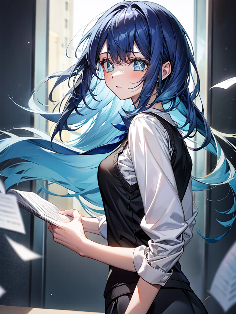 1girl, blue hair, blue eyes, white blouse, black vest, grey skirt