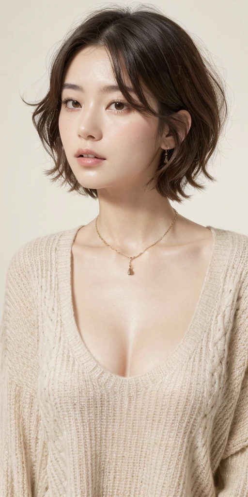 (beste Qualität, 8k, 32k, Meisterwerk, UHD:1.2),Foto einer hübschen Japanerin, große Brüste, sehr kurze Bob-Haare,Oberkörper,(Übergröße_Pullover,:1.1) Halskette, einfacher Hintergrund, sich umsehen