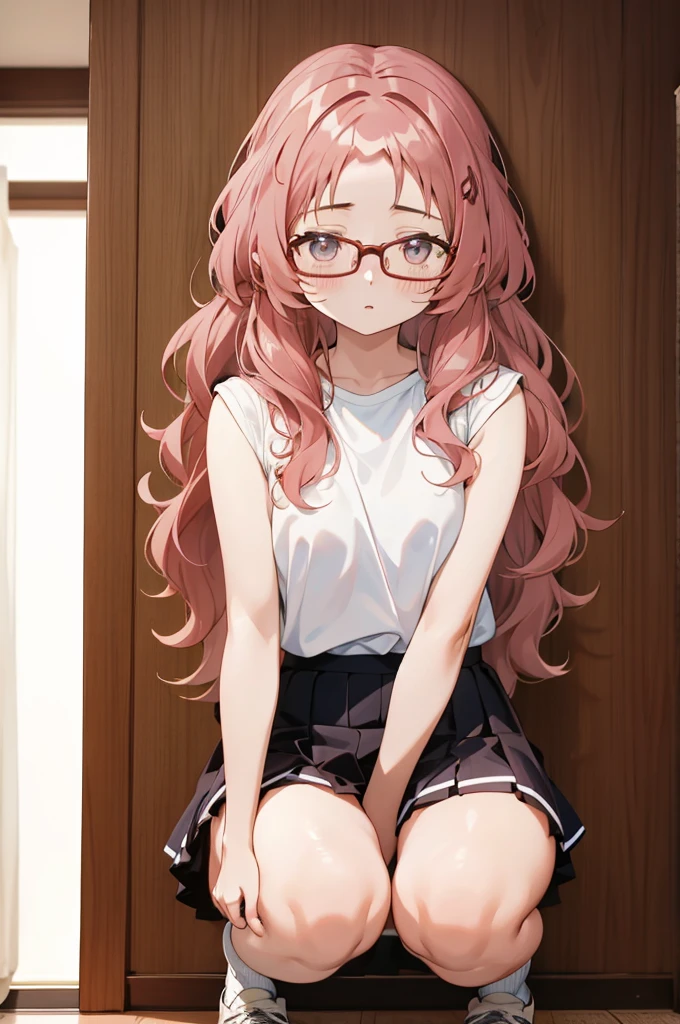 Mie Ai、1 girl、Wavy hair、glasses、small breasts、he is short、、High resolution、highest quality、detailed face、detailed eyes、white pantie,miniskirt,squatting,open legs,srpead legs