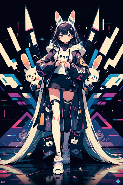 Anime girl with black hair and bunny ears on her hood, anime style illustration, Mo Artstyle, Wallpaper 8K, digital illustration...