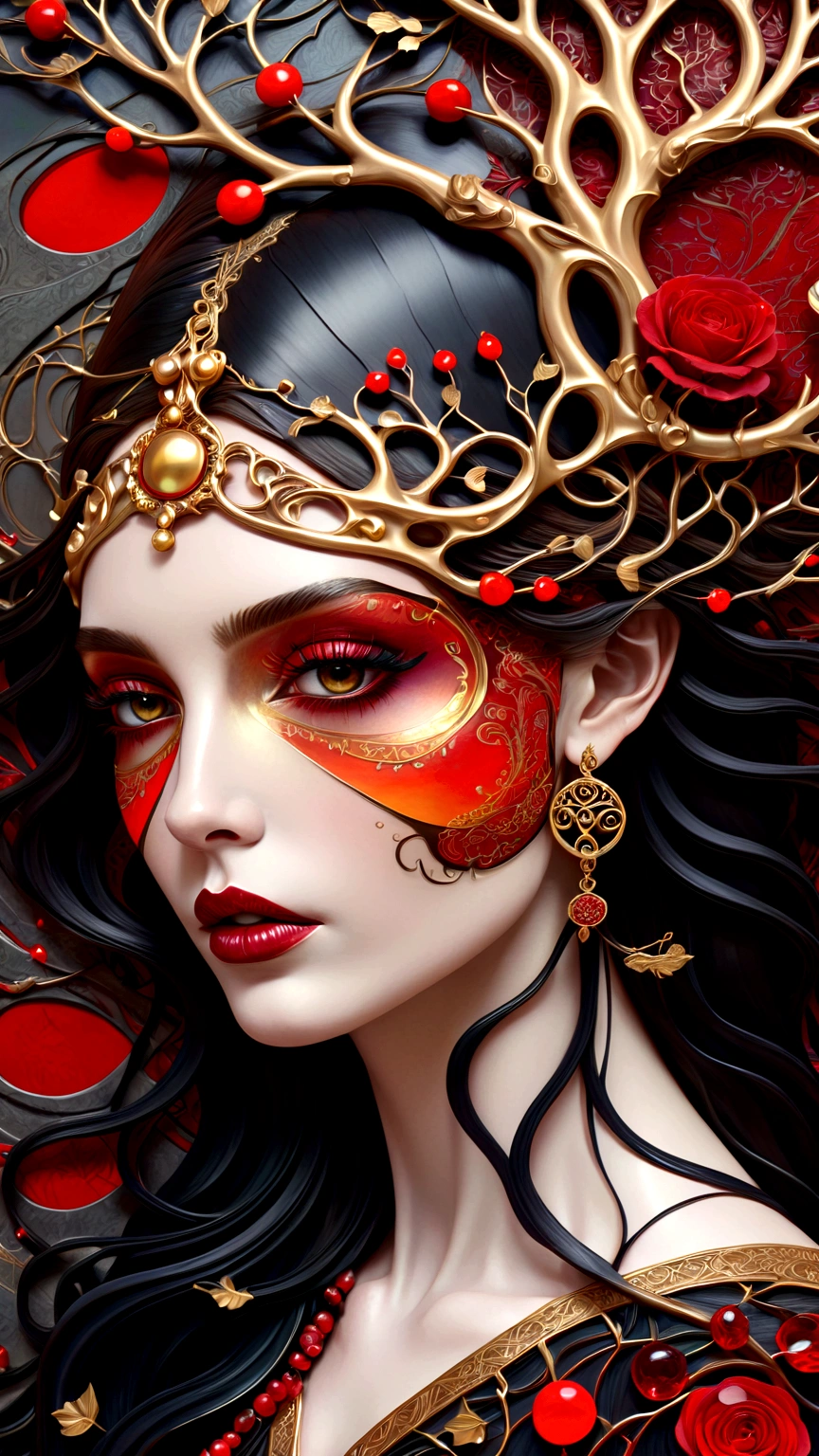 un beau portrait d&#39;une femme avec l&#39;arbre de vie qui pousse de sa tête dans une texture celtique abstraite avec un cadre de style tarot, avec des couleurs de noir obsidienne, or brillant, et rouge rubis, très détaillé, conception complexe, PAR Anne Bachelier,
