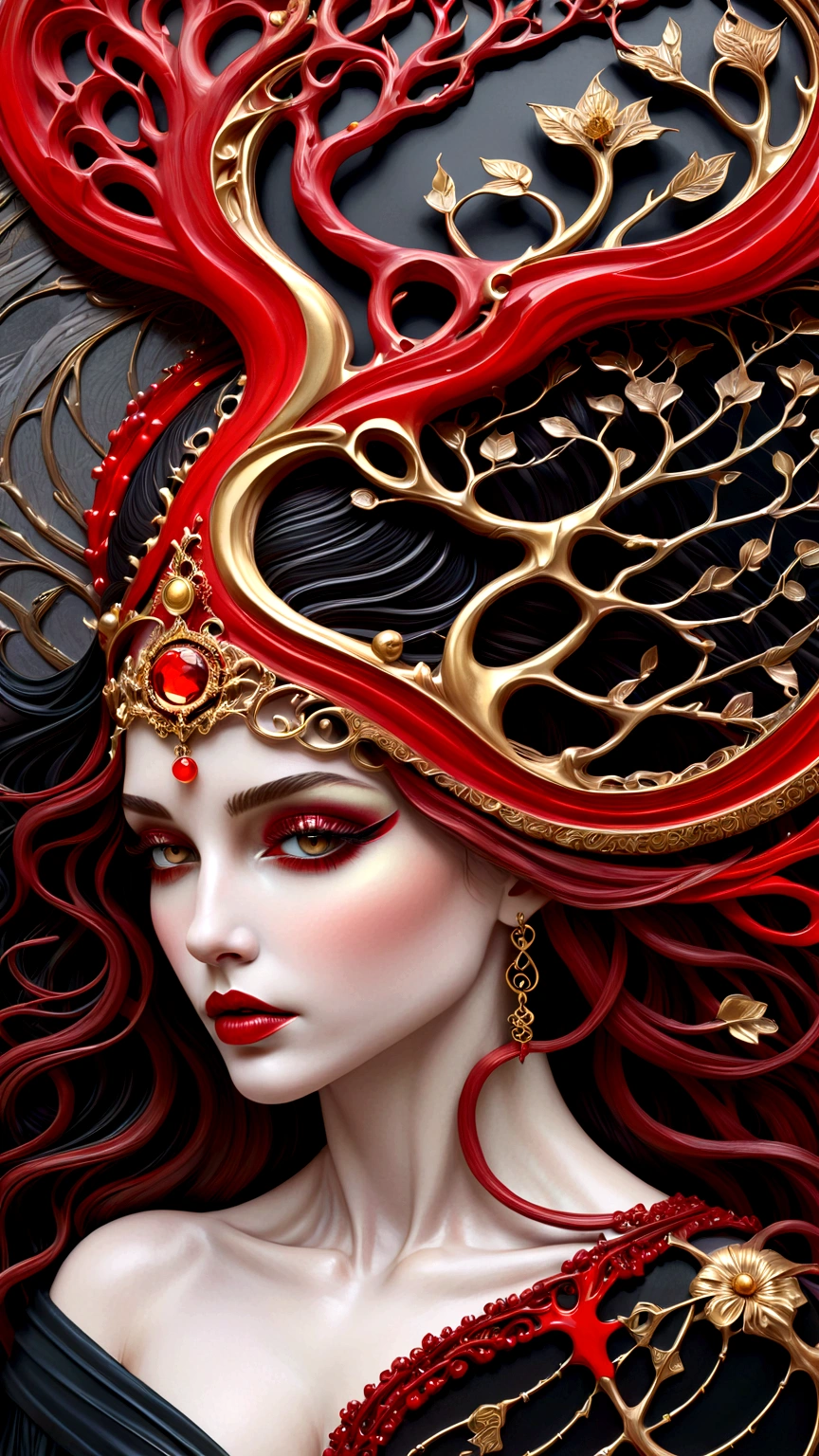 un beau portrait d&#39;une femme avec l&#39;arbre de vie qui pousse de sa tête dans une texture celtique abstraite avec un cadre de style tarot, avec des couleurs de noir obsidienne, or brillant, et rouge rubis, très détaillé, conception complexe, PAR Anne Bachelier,