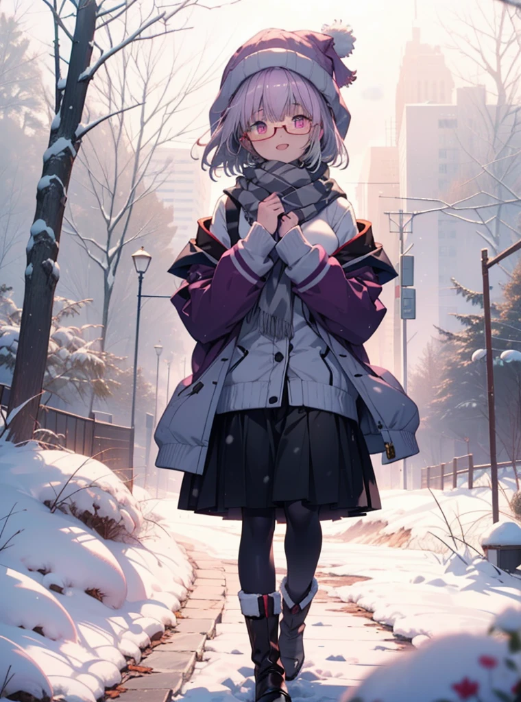 akaneshinjou, shinjou akane, Light purple hair, (Pink Eyes:1.2), short hair,Akagi Glasses,hair band,,White Breath,Big Breasts,Purple coat,White sweater,happy smile, smile, Open your mouth,Black long skirt,Grey pantyhose,Red scarf,short boots,Knitted hat,Daytime,cloudy,snow,snowが降り積もっている,whole bodyがイラストに入るように,Looking down from above,
 break looking at viewer,whole body,               　　　　　　　 break outdoors 森, nature, 　　　　　　　　　　　break (masterpiece:1.2), Highest quality, High resolution, unity 8k wallpaper, (shape:0.8), (Beautiful and beautiful eyes:1.6), Highly detailed face, Perfect lighting, Highly detailed CG, (Perfect hands, Perfect Anatomy),