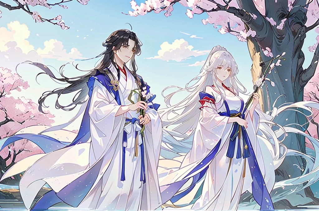 Casal de anime em trajes tradicionais em pé em frente às cerejeiras, Manto branco esvoaçante, Hanfu branco, Cabelos longos e esvoaçantes e vestes, vestindo uma túnica branca!, Palácio ， Garota usando Hanfu, Parede lateral e Shurak, Gu Weiss, vestes de mago nuvem de algodão, Hanfu, usando roupas chinesas, Vestindo um manto esvoaçante, vestido com um manto branco