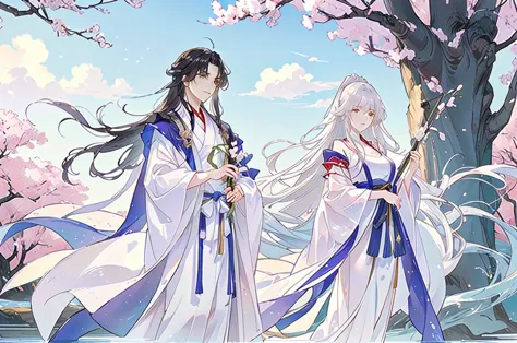 Anime couple in traditional costumes standing in front of cherry blossom trees, flowing white robe, White Hanfu, Long flowing ha...