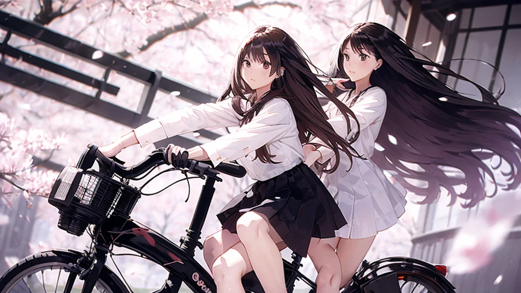 Girl with long flowing hair，Wearing a white shirt，Knee-length black dress，Riding a white bicycle in a field of cherry blossoms