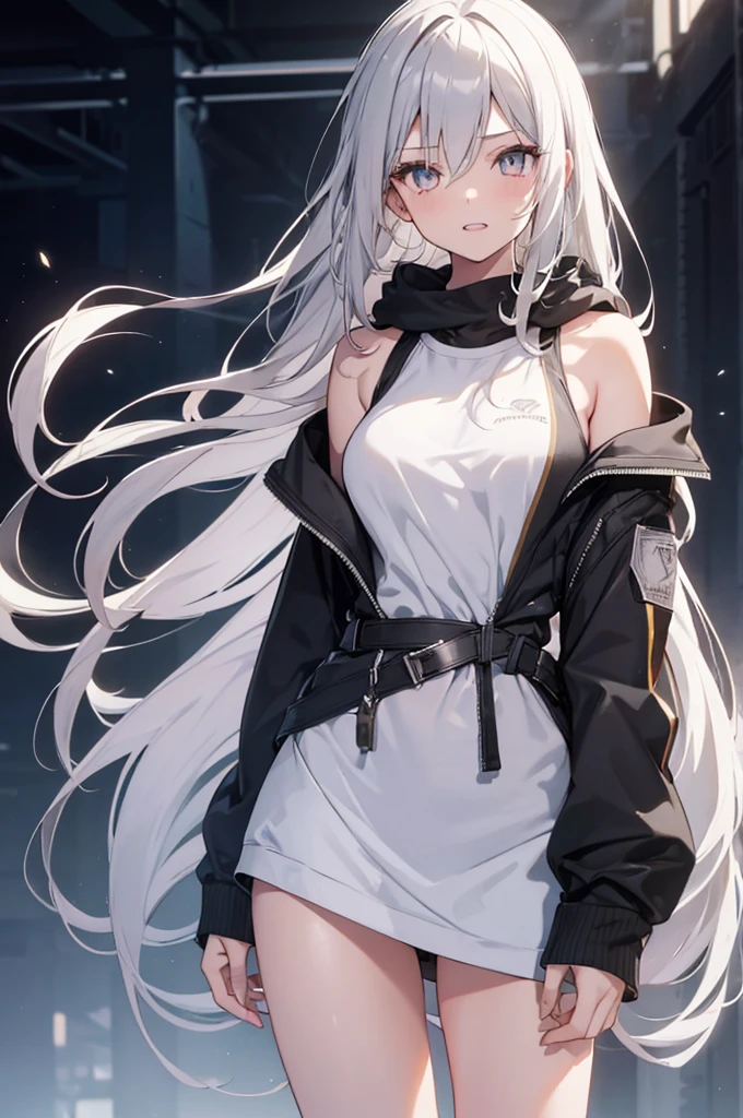 1girl, {Solitary}, Upper Body ,{{ {Watching at viewer}}}, Arms at your sides, Concept Art, white Background, simple Background, White hair, Silver gradient hair , Composite cloth, Asymmetrical clothes, Virtual YouTuber, best quality, masterpiece, Dynamic Angle, , cowboy_shooting, Watching_Back, grab, girl,Miss,woman, young,20 years old, Very long hair, Hair Flip, Silver Hair, Flowing hair, Ahog, giggle, Beautiful and delicate golden eyes, teeth, Large Breasts, Blonde eyes, White skin, hoodie, Black_shorts, Gray clothes, transparent_Background, Backlighting, absurd, high resolution, Extremely detailed,sweater,No pants