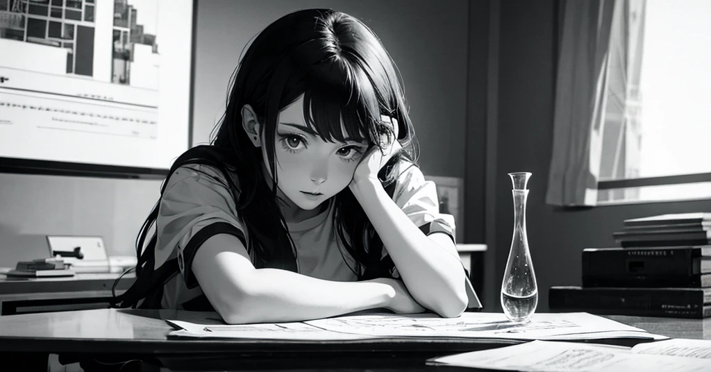 masterpiece, best quality, perfect anatomy, a young female architect, leaning her chin on both her hands, a  glass pyramid figure on the desk, fujimotostyle, Monochromatic