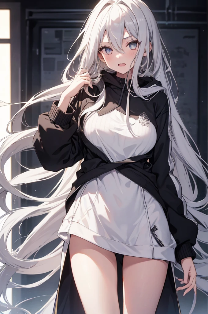 1girl, {Solitary}, Upper Body ,{{ {Watching at viewer}}}, Arms at your sides, Concept Art, white Background, simple Background, White hair, Silver gradient hair , Composite cloth, Asymmetrical clothes, Virtual YouTuber, best quality, masterpiece, Dynamic Angle, , cowboy_shooting, Watching_Back, grab, girl,Miss,woman, young,20 years old, Very long hair, Hair Flip, Silver Hair, Flowing hair, Ahog, giggle, Beautiful and delicate golden eyes, teeth, Large Breasts, Blonde eyes, White skin, hoodie, Black_shorts, Gray clothes, transparent_Background, Backlighting, absurd, high resolution, Extremely detailed,sweater,No pants