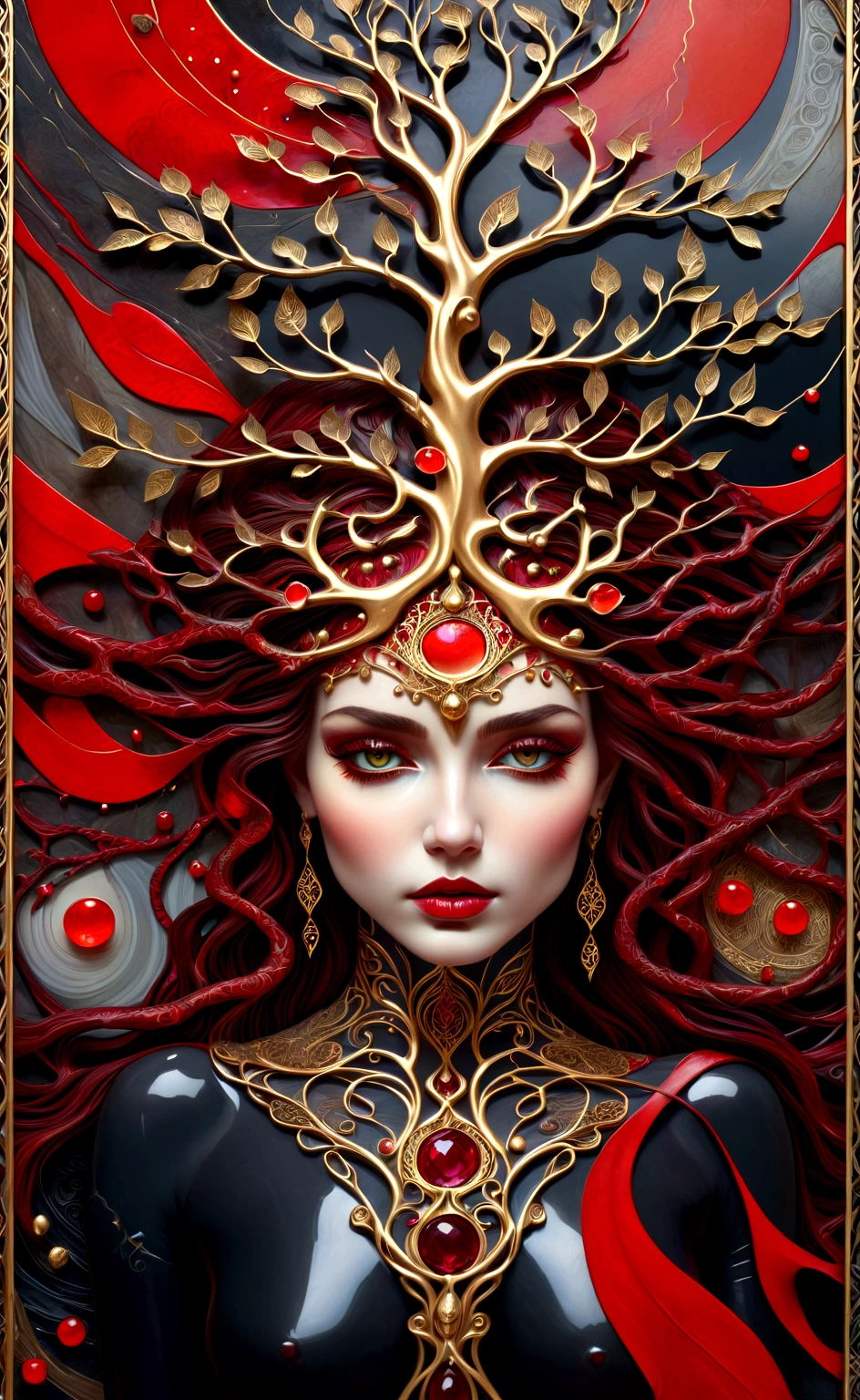 一幅美丽的女人肖像，头上长着生命之树，具有抽象的凯尔特纹理和塔罗牌风格的框架, 颜色为黑曜石黑色, 闪亮的金色, 和深红色, 非常详细, 精致的设计, 作者：安妮·巴舍利尔 (Anne Bachelier),
