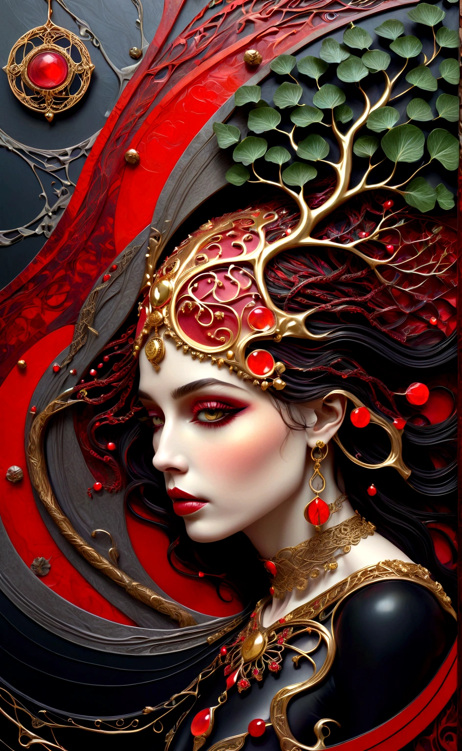 um belo retrato de uma mulher com a árvore da vida crescendo em sua cabeça em uma textura celta abstrata com uma moldura em estilo tarô, com cores de preto obsidiana, ouro brilhante, e vermelho rubi, Altamente detalhado, design intrincado, Direção: Anne Bachelier,