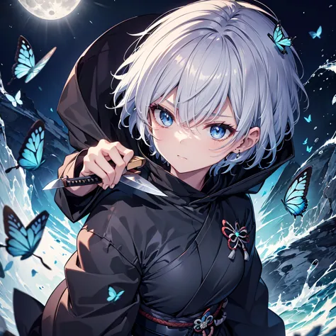 ((((samurai　short knife))))　(((gray hair　short hair　blue eyes　woman　center close-up)))，((night　full moon　blue butterfly))，(weari...