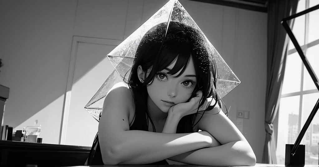 masterpiece, best quality, perfect anatomy, a young female architect, leaning her chin on both her hands, a  glass pyramid figure on the desk, fujimotostyle, Monochromatic