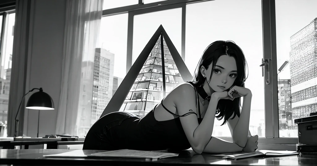 masterpiece, best quality, perfect anatomy, a young female architect, leaning her chin on both her hands, a  glass pyramid figure on the desk, fujimotostyle, Monochromatic