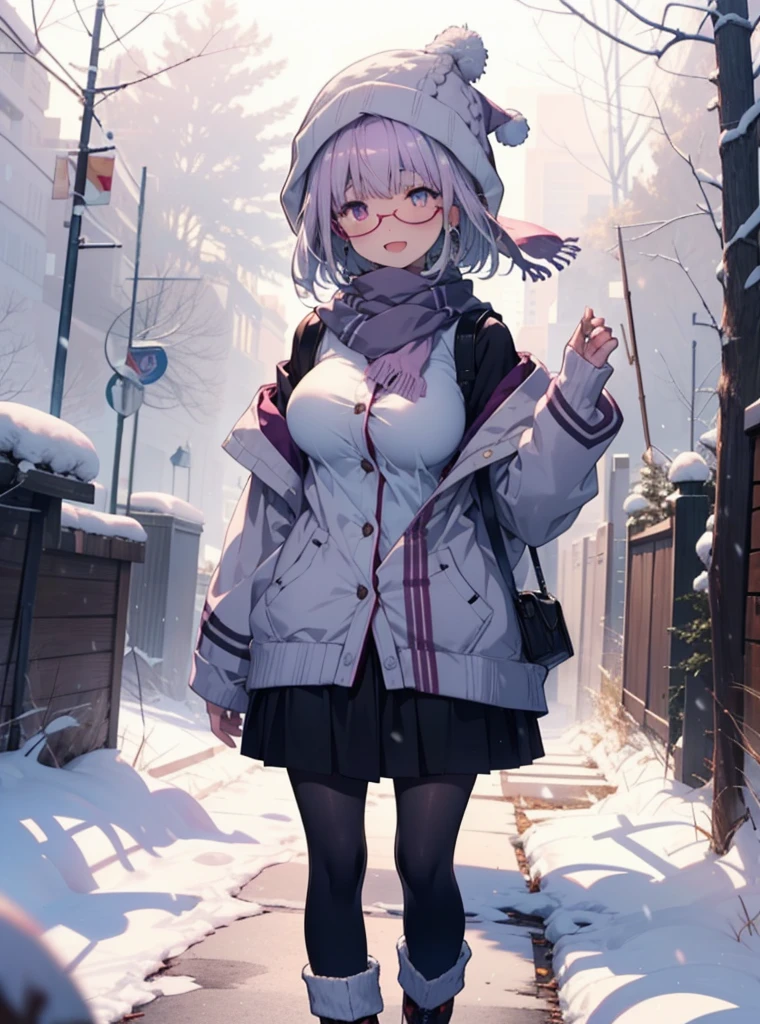 akaneshinjou, shinjou akane, Light purple hair, (Pink Eyes:1.2), short hair,Akagi Glasses,hair band,,White Breath,Big Breasts,Purple coat,White sweater,happy smile, smile, Open your mouth,Black long skirt,Grey pantyhose,Red scarf,short boots,Knitted hat,Daytime,cloudy,snow,snowが降り積もっている,whole bodyがイラストに入るように,Looking down from above,
 break looking at viewer,whole body,               　　　　　　　 break outdoors 森, nature, 　　　　　　　　　　　break (masterpiece:1.2), Highest quality, High resolution, unity 8k wallpaper, (shape:0.8), (Beautiful and beautiful eyes:1.6), Highly detailed face, Perfect lighting, Highly detailed CG, (Perfect hands, Perfect Anatomy),