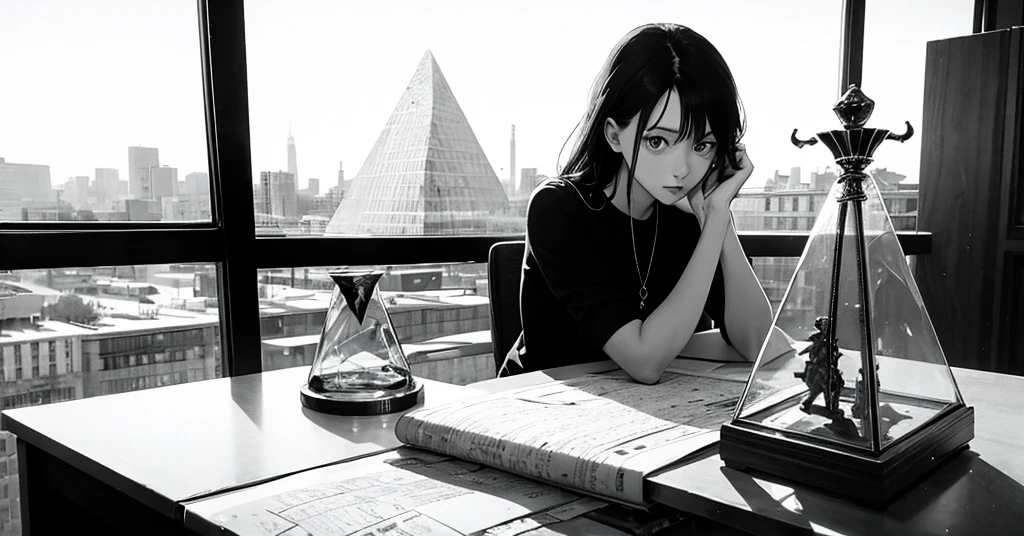 masterpiece, best quality, perfect anatomy, a young female architect, leaning her chin on both her hands, a  glass pyramid figure on the desk, fujimotostyle, Monochromatic