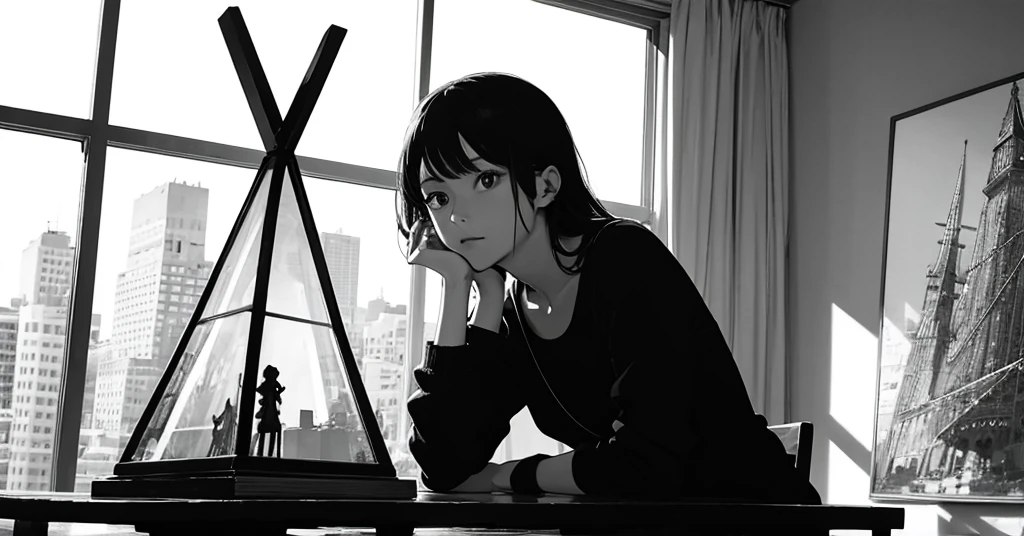 masterpiece, best quality, perfect anatomy, a young female architect, leaning her chin on both her hands, a  glass pyramid figure on the desk, fujimotostyle, Monochromatic