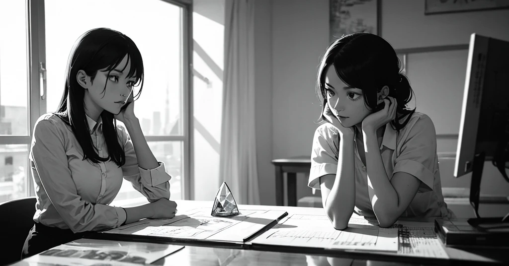 masterpiece, best quality, perfect anatomy, a young female architect, leaning her chin on both her hands, a  glass pyramid figure on the desk, fujimotostyle, Monochromatic